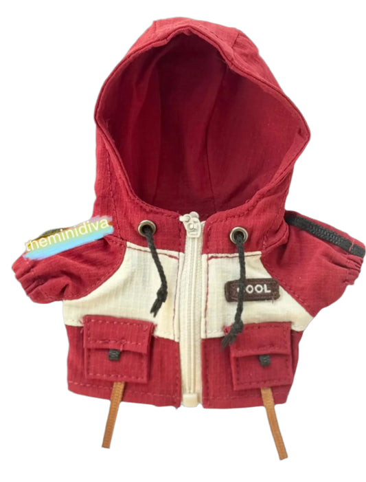 Labubu jacket red white jacket Labubu hoodie functional zipper decorative pockets