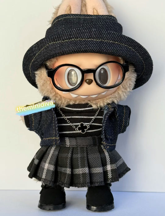 Labubu clothes black plaid skirt
