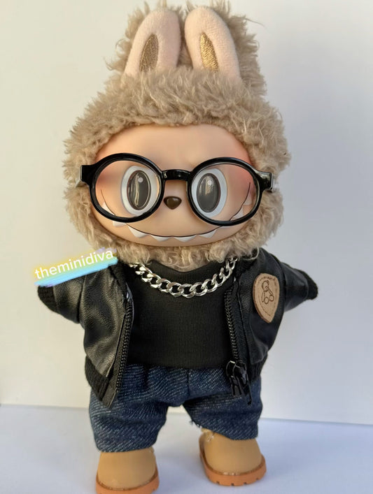 Labubu clothes for Labubu outfits motorcycle Labubu biker black shirt jeans Labubu bomber jacket fall outfit Labubu construction boots