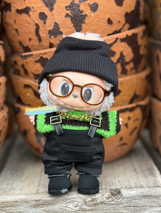 Labubu clothes overalls for Labubu outfits green black stripes sweater construction boots Labubu black beanie
