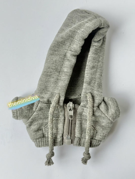 Labubu clothes grey sweater hoodie for Labubu outfits sweater with zipper hoodie outfit with black corduroy style Labubu pants boots glasses