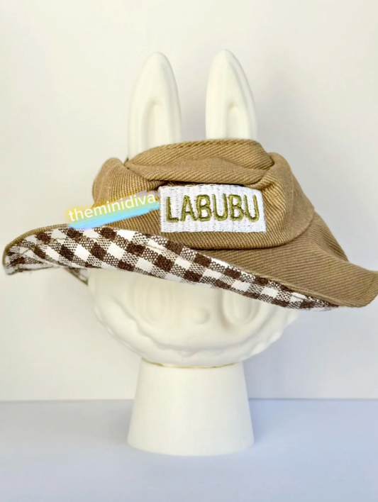 Labubu clothes Labubu beige brown bucket hat gingham pattern interiors open ears